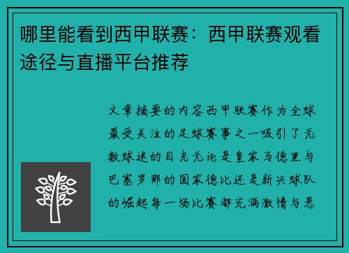 哪里能看到西甲联赛：西甲联赛观看途径与直播平台推荐